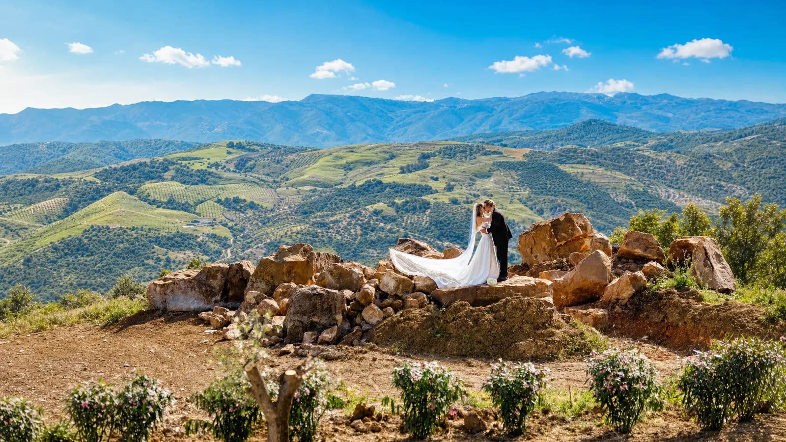 Bride and groom embracing on the rocks with mountain views at Finca Cantueso